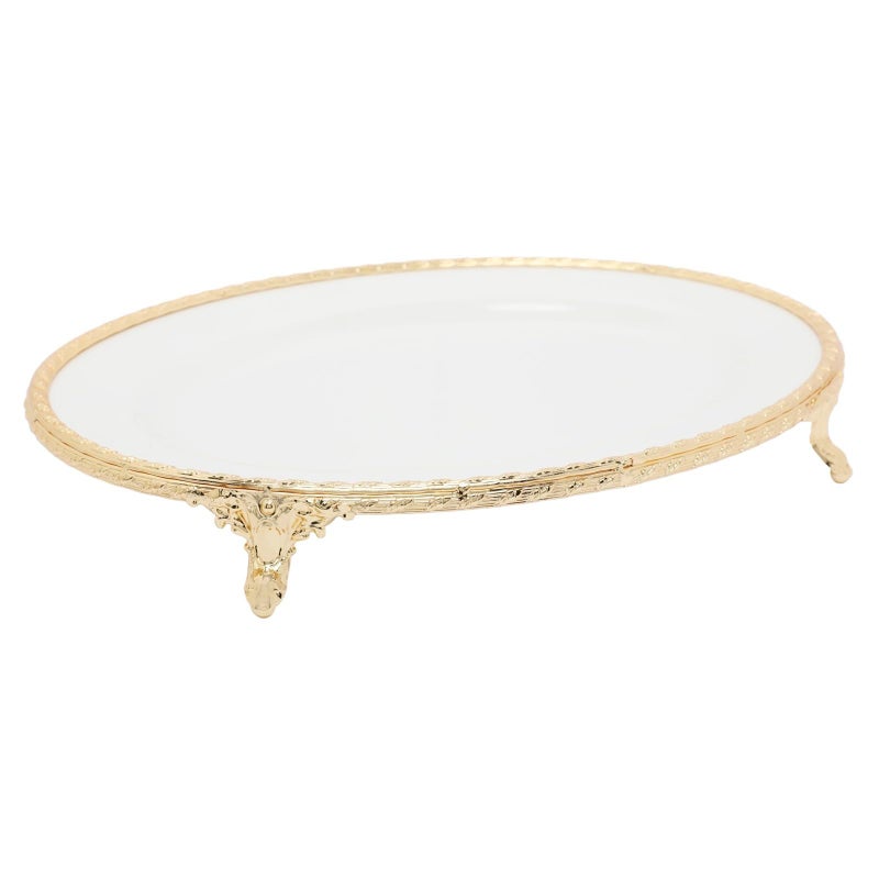 سوليتير طبق ميلامين بيضاوي فاخر مع اطار معدني وساق، أبيض/ذهبي - Image 2